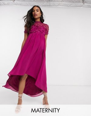 Платье миди цвета фуксии с асимметричным краем и кружевной отделкой -Розовый цвет Chi London Maternity