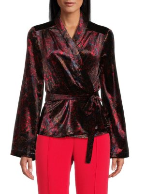 Оливковая бархатная блузка с запахом и принтом Medallion L'Agence, цвет Black Red Grey L'AGENCE