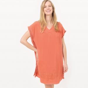 Платье короткое, без рукавов, однотонное La Redoute Collections. Цвет: оранжевый/ коралловый,черный