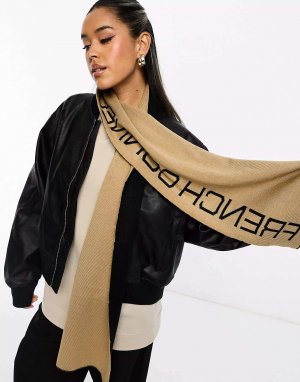 Двусторонний шарф с логотипом черного и светло-коричневого цвета French Connection