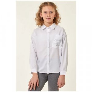 Школьная блуза , свободный силуэт, на пуговицах, длинный рукав, светоотражающие элементы, манжеты, с юбкой, размер 176, белый Deloras. Цвет: белый