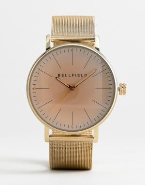 Золотистые часы с розовым циферблатом и сетчатым браслетом Bellfield. Цвет: розовый