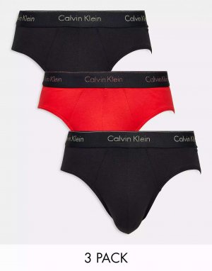 Три пары трусов с цветным логотипом на поясе красного и черного цветов Calvin Klein