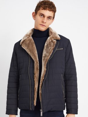 Тёплая стёганая куртка-косуха с подкладкой из экомеха на синтепоне zolla. Цвет: темно-синий