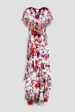 Платье макси из шелкового крепдешина с цветочным принтом и запахом , белый CAMILLA