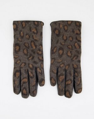 Серые перчатки из натуральной кожи с леопардовым принтом -Серый Barneys Originals