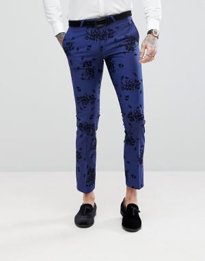 Супероблегающие брюки с набивкой флок Noose & Monkey. Цвет: синий