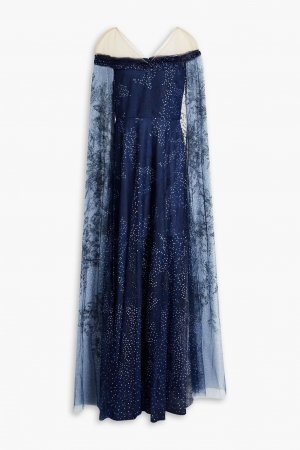 Платье из блестящего тюля с эффектом кейпа, темно-синий Marchesa Notte