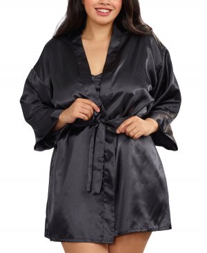 Комплект нижнего белья из 2 предметов атласного халата и сорочки больших размеров , черный Dreamgirl