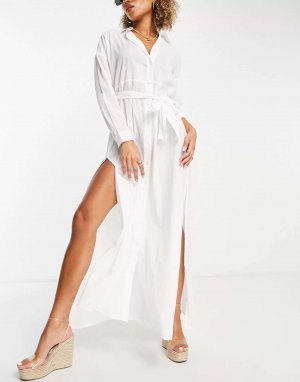 Прозрачное пляжное платье-рубашка макси с завязкой на талии ASOS натурального цвета