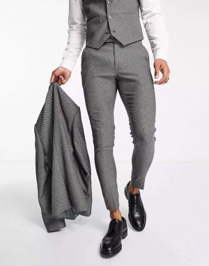 Суперскинни темно-серые костюмные брюки из смесовой шерсти ASOS с узором «елочка». Цвет: серый