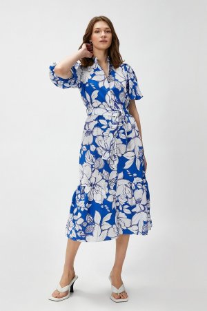 Платье-рубашка длины миди с цветочным принтом и рукавами-фонариками, синий Koton