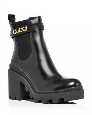 Женские ботинки челси на высоком каблуке с ремешком логотипом , цвет Black Gucci