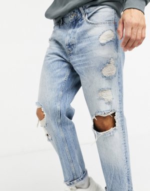 Прямые джинсы винтажного кроя голубого цвета с рваной отделкой -Синий Bershka