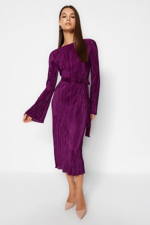 Фиолетовое трикотажное платье миди трапециевидной формы премиум-класса со складками и расклешенными рукавами , фиолетовый Trendyol