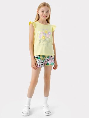 Комплект для девочек (футболка, шорты) Mark Formelle. Цвет: св.лимонный +цветы на черном