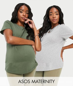 Набор из 2 футболок с круглым вырезом смесового органического хлопка серого цвета и хаки ASOS DESIGN Maternity-Разноцветный Maternity