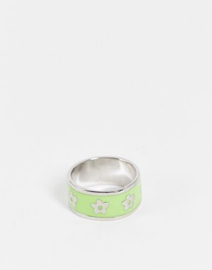 Серебристое кольцо с цветочным узором и отделкой эмалью зеленого цвета -Серебряный ASOS DESIGN
