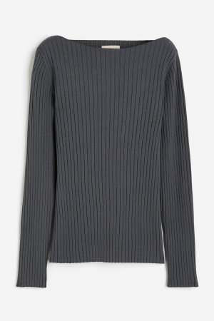 Лонгслив Silk-blend Rib-knit, темно-серый H&M