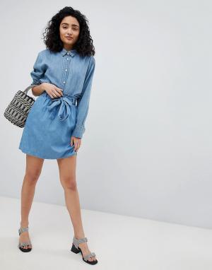 Джинсовая юбка с присборенным поясом New Look. Цвет: синий