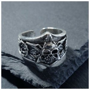 Кольцо Перстень череп с цветами, цвет чернёное серебро, безразмерное RECOM