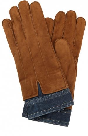 Утепленные замшевые перчатки с джинсовыми манжетами Dsquared2. Цвет: коричневый