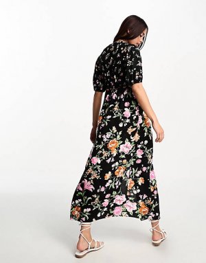 Черное платье миди с v-образным вырезом и цветочным принтом New Look