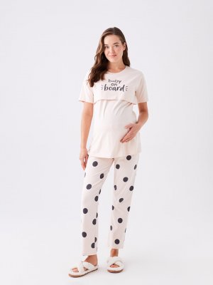 Пижамный комплект для беременных с круглым вырезом и принтом короткими рукавами LCW DREAM, бледно-розовый Dream