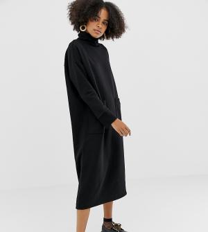 Черное платье миди с отворачивающимся воротником и большими карманами -Черный Monki