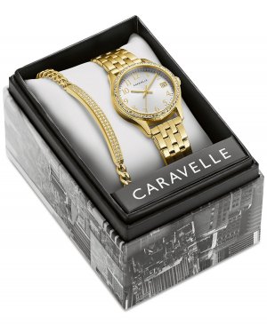 Женские часы-браслет из нержавеющей стали с кристаллами золотистого цвета, 32 мм, подарочный набор , золотой Caravelle