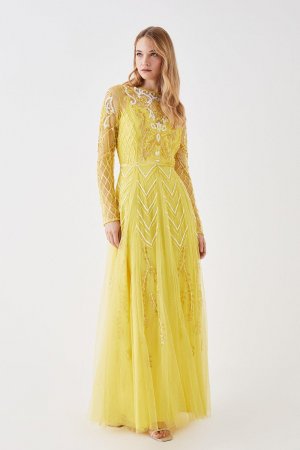 Платье макси с длинным рукавом, расшитое вручную бисером, желтый Coast