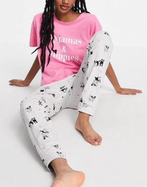 Розовая пижама со слоганом Pyjamas & Puppies -Розовый цвет New Look
