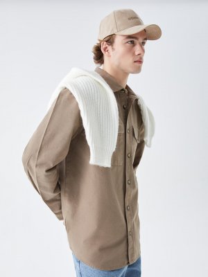 Мужская габардиновая куртка-рубашка стандартного кроя с длинными рукавами , светло-коричневый LCW Casual