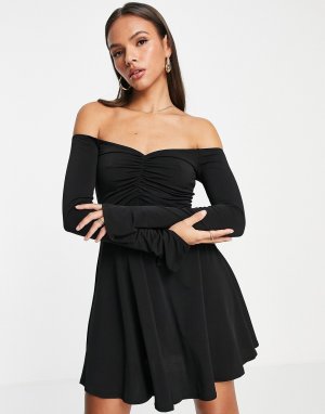 Присборенное платье черного цвета со свободной юбкой и открытыми плечами Flounce-Черный Flounce London