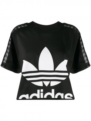 Укороченная кружевная футболка adidas. Цвет: черный