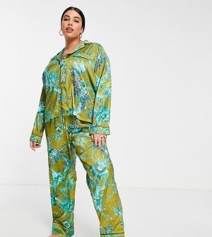 Подарочный набор из атласной пижамы и резинки для волос зеленого цвета с цветочным принтом в комплекте мешочком тон -Зеленый цвет Hope & Ivy Plus