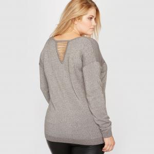 Пуловер с V-образным вырезом из блестящего трикотажа отделкой спинки мелким бисером CASTALUNA. Цвет: серый