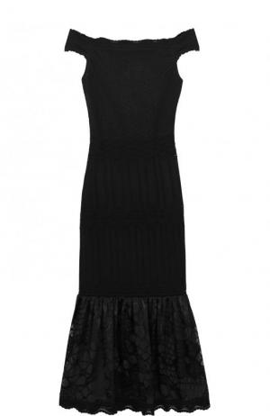 Платье-миди с открытыми плечами и кружевной оборкой Roberto Cavalli. Цвет: черный