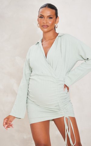 Льняное платье-рубашка с глубоким вырезом и рюшами для беременных Sage PrettyLittleThing