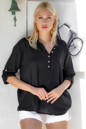Женская черная свободная блузка с карманами на пуговицах и детальными рукавами, регулируемая , черный Chiccy