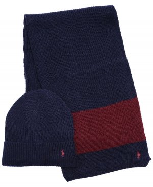 Мужской подарочный набор из шарфа и шапки в полоску для регби, 2 предмета Polo Ralph Lauren
