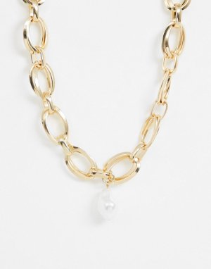 Золотистое ожерелье-цепочка с искусственным жемчугом -Золотой Pieces