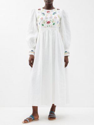 Льняное платье миди emma с грибовидной вышивкой , белый Muzungu Sisters