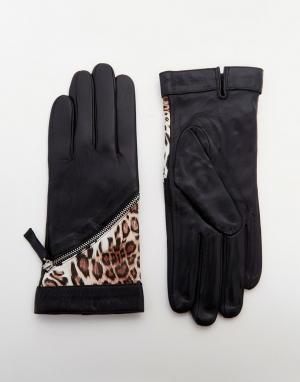 Кожаные перчатки с леопардовыми вставками -Черный Pia Rossini