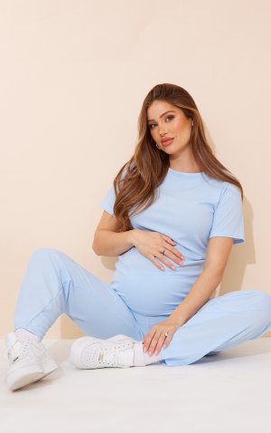 Голубая футболка оверсайз с короткими рукавами в вафельную рубашку для беременных PrettyLittleThing