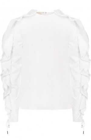 Однотонная хлопковая блуза с круглым вырезом и оборками Antonio Berardi. Цвет: белый