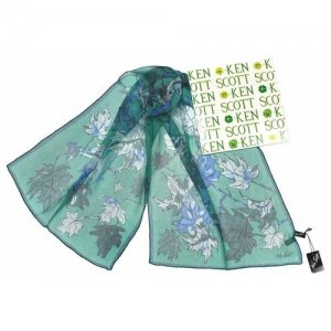 Изумрудный шифоновый шарфик с кленовыми листьями 819954 Ken Scott. Цвет: голубой