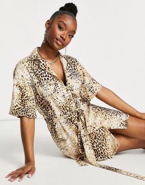 Платье-рубашка мини с леопардовым принтом песочного цвета -Бежевый Motel