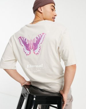 Бежевая футболка в стиле oversized с принтом бабочки на спине Originals-Светло-бежевый цвет Jack & Jones