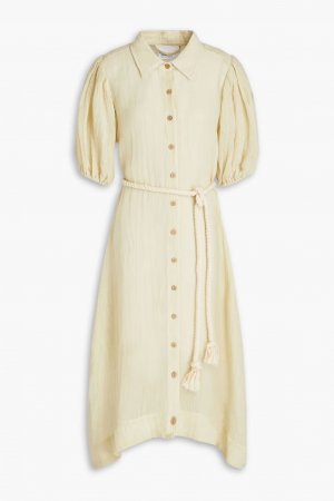 Платье-рубашка миди из смесового льна и газа с пуфом поясом , крем Lisa Marie Fernandez